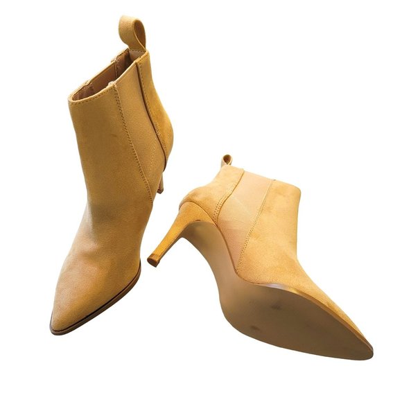 Mustard Tan Suede Heeled Bootie Ankle Boot Pointed Toe Size 5 JJ3320 - Picture 6 of 10